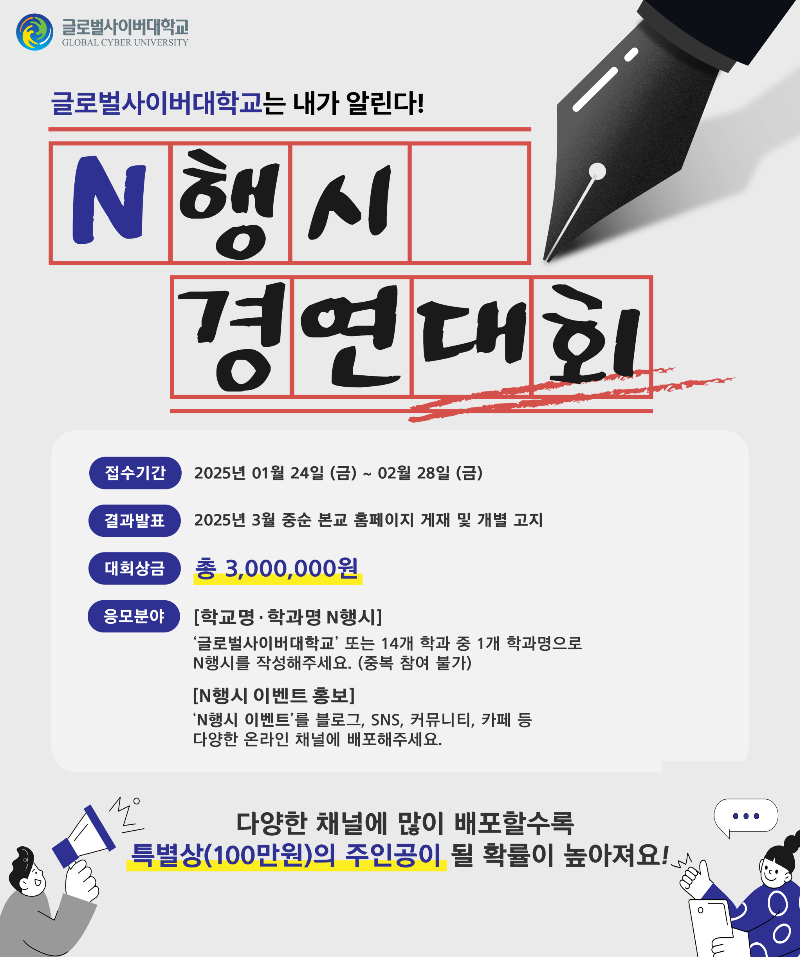 글로벌사이버대학교 글로벌사이버대학교는 내가 알린다! N행시 경연대회 접수기간 2025년 01월 24일 (금)~02월 28일 (금) 결과발표 2025년 3월 중순 본교 홈페이지 게재 및 개별 고지 대회상금 총 3,000,000원 응모분야학교명•학과명 N행시‘글로벌사이버대학교’ 또는 14개 학과 중 1개 학과명으로 N행시를 작성해주세요. (중복 참여 불가)N행시 이벤트 홍보‘N행시 이벤트’를 블로그, SNS, 커뮤니티, 카페 등 다양한 온라인 채널에 배포해주세요.다양한 채널에 많이 배포할수록 특별상(100만원)의 주인공이 될 확률이 높아져요!