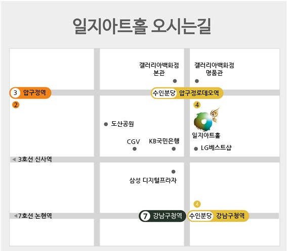 일지아트홀 오시는길 지하철 3호선 압구정역 2번출구, 수인분당 압구정로데오역 4번출구, 지하철 7호선 강남구청역 및 수인분당 강남구청역 4번출구 등 일지아트홀 약도