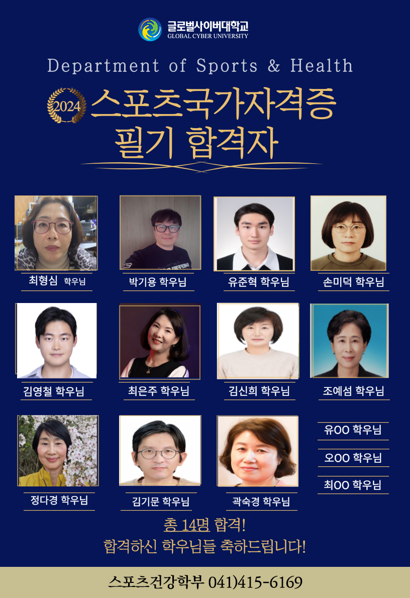 글로벌사이버대학교 department of sports&health 2024 스포츠국가자격증 필기 합격자 최형심학우님, 박기용학우님, 유준혁학우님, 손미덕학우님, 김영철학우님, 최은주학우님, 김신희학우님, 조예섬학우님, 정다경학우님, 김기문학우님, 곽숙경학우님, 유00학우님, 오00학우님, 최00학우님 총 14명 합격! 합격하신 학우님들 축하드립니다! 스포츠건강학부 041-415-6169