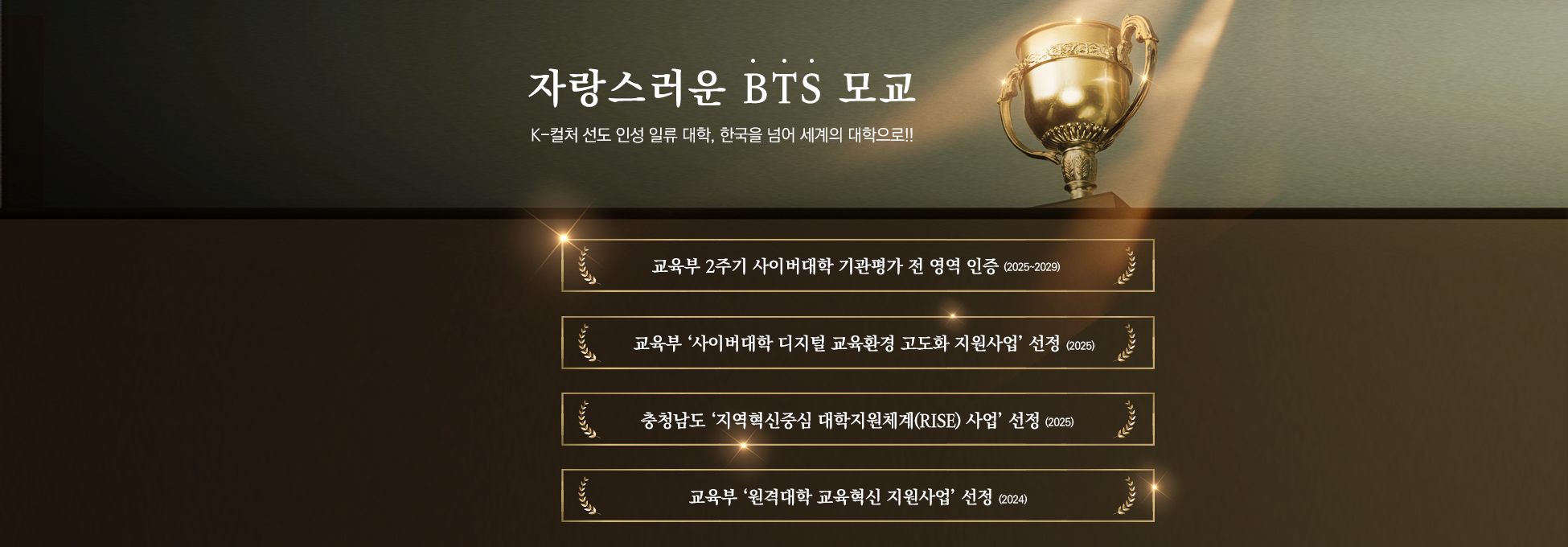 자랑스러운 BTS 모교 K-컬처 선도 인성 일류 대학,한국을 넘어 세계의 대학으로!! 교육부 2주기 사이버대학 기관평가 전 영역 인증 (2025~2029) 교육부 ‘사이버대학 디지털 교육환경 고도화 지원사업’ 선정(2025) 충청남도 ‘지역혁신중심 대학지원체계(RISE) 사업’ 선정(2025) 교육부 ‘원격대학 교육혁신 지원사업’ 선정(2024)