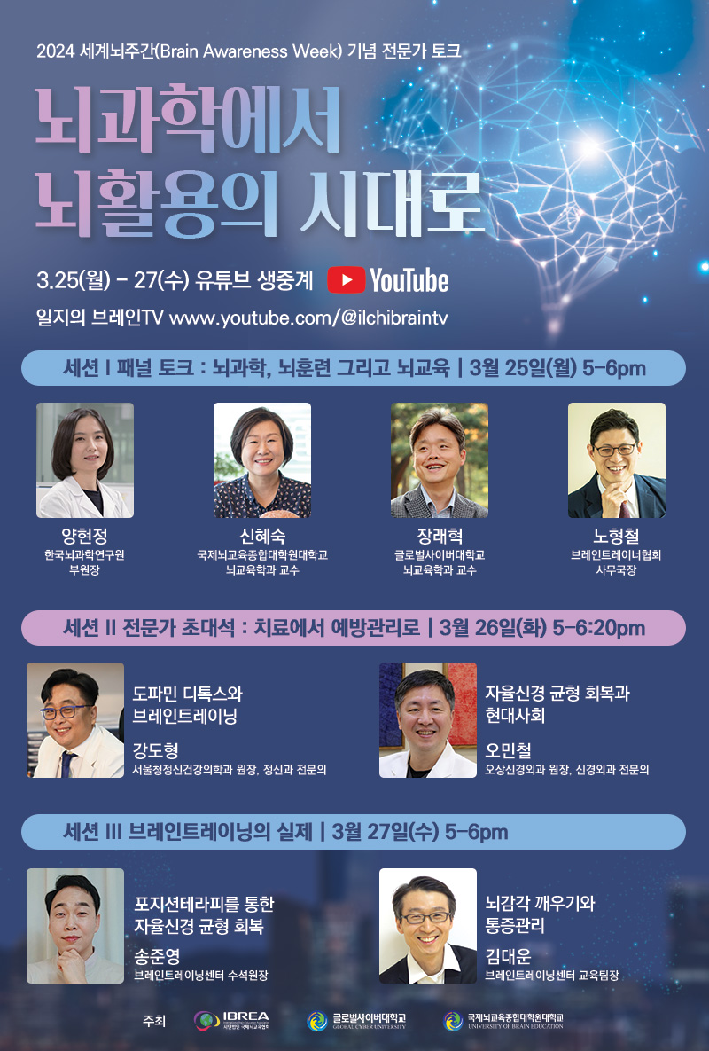2024 세계뇌주간(Brain Awareness Week) 기념 전문가 토크뇌과학에서뇌활용의 시대로3.25(월)-27(수) 유튜브 생중계 ► YouTube 일지의 브레인TV www.youtube.com/@ilchibraintv세션 | 패널 토크: 뇌과학, 뇌훈련 그리고 뇌교육 3월 25일(월) 5-6pm양현정 한국뇌과학연구원 부원장신혜숙장래혁노형철국제뇌교육종합대학원대학교 뇌교육학과 교수글로벌사이버대학교 뇌교육학과 교수브레인트레이너협회 사무국장세션 II 전문가 초대석: 치료에서 예방관리로 3월 26일(화) 5-6:20pm도파민 디톡스와브레인트레이닝강도형서울청정신건강의학과 원장, 정신과 전문의자율신경균형 회복과현대사회오민철오상신경외과 원장, 신경외과 전문의세션 III 브레인트레이닝의 실제 3월 27일(수) 5-6pm포지션테라피를 통한자율신경 균형 회복송준영브레인트레이닝센터 수석원장주최뇌감각깨우기와통증관리김대운브레인트레이닝센터 교육팀장IBREA글로벌사이버대학교2 국제뇌교육종합대학원대학교GLOBAL CYBER UNIVERSITYUNIVERSITY OF BRAIN EDUCATION