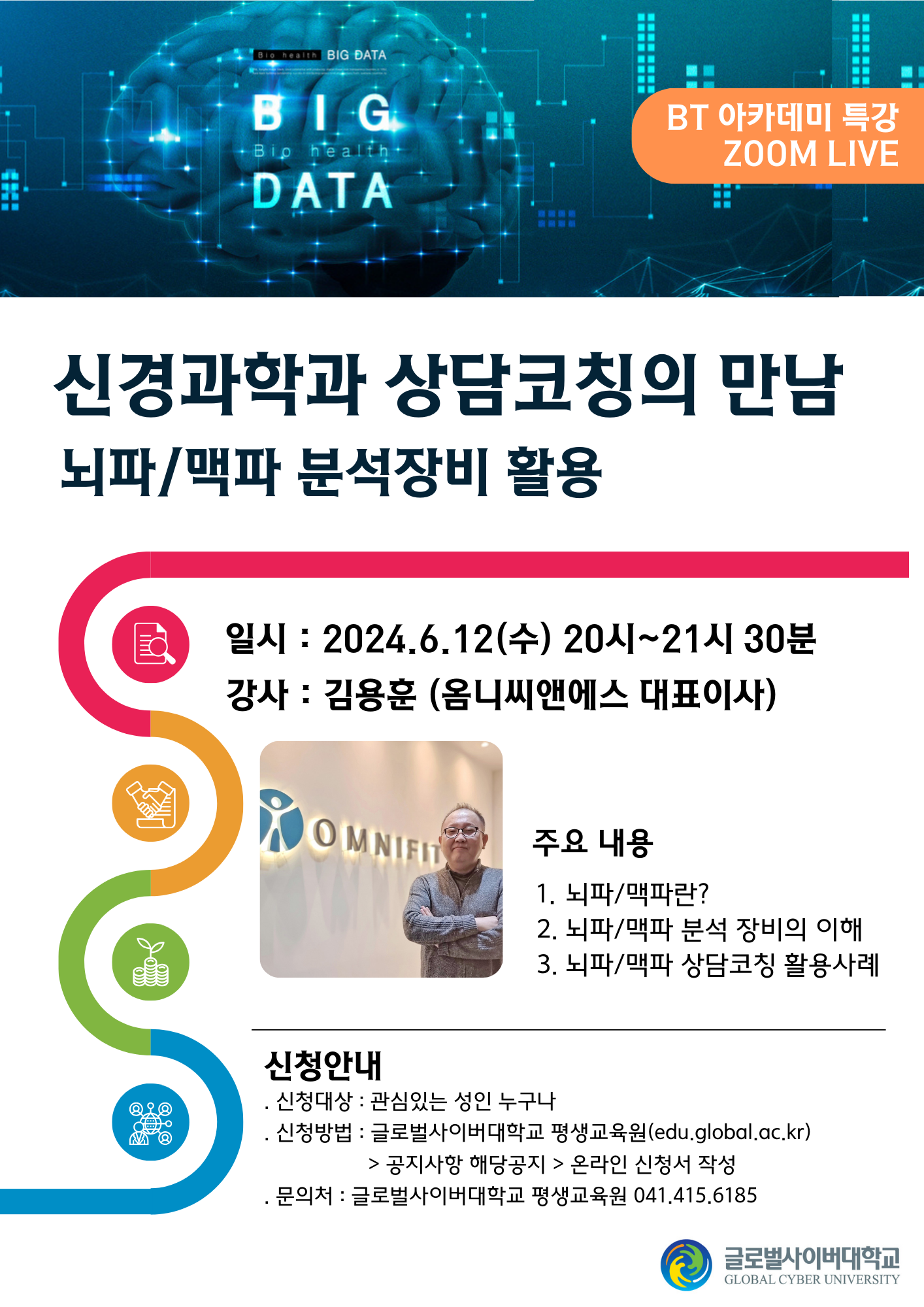 bt 아카데미 특강 zoom live big data 신경과학과 상담코칭의 만남 뇌파/맥파 분석장비 활용 일시 2024.06.12(수) 20시~21시30분 강사 김용훈 (옴니씨앤에스 대표이사) 주요내용 1.뇌파/맥파란? 2.뇌파/맥파 분석 장비의 이해 3.뇌파/맥파 상담코칭 활용사례 신청안내 신청대상 관심있는 성인 누구나 신청방법 글로벌사이버대학교 평생교육원(edu.global.ac.kr)>공지사항 해당공지>온라인 신청서 작성 문의처 글로벌사이버대학교 평생교육원 041-415-6185