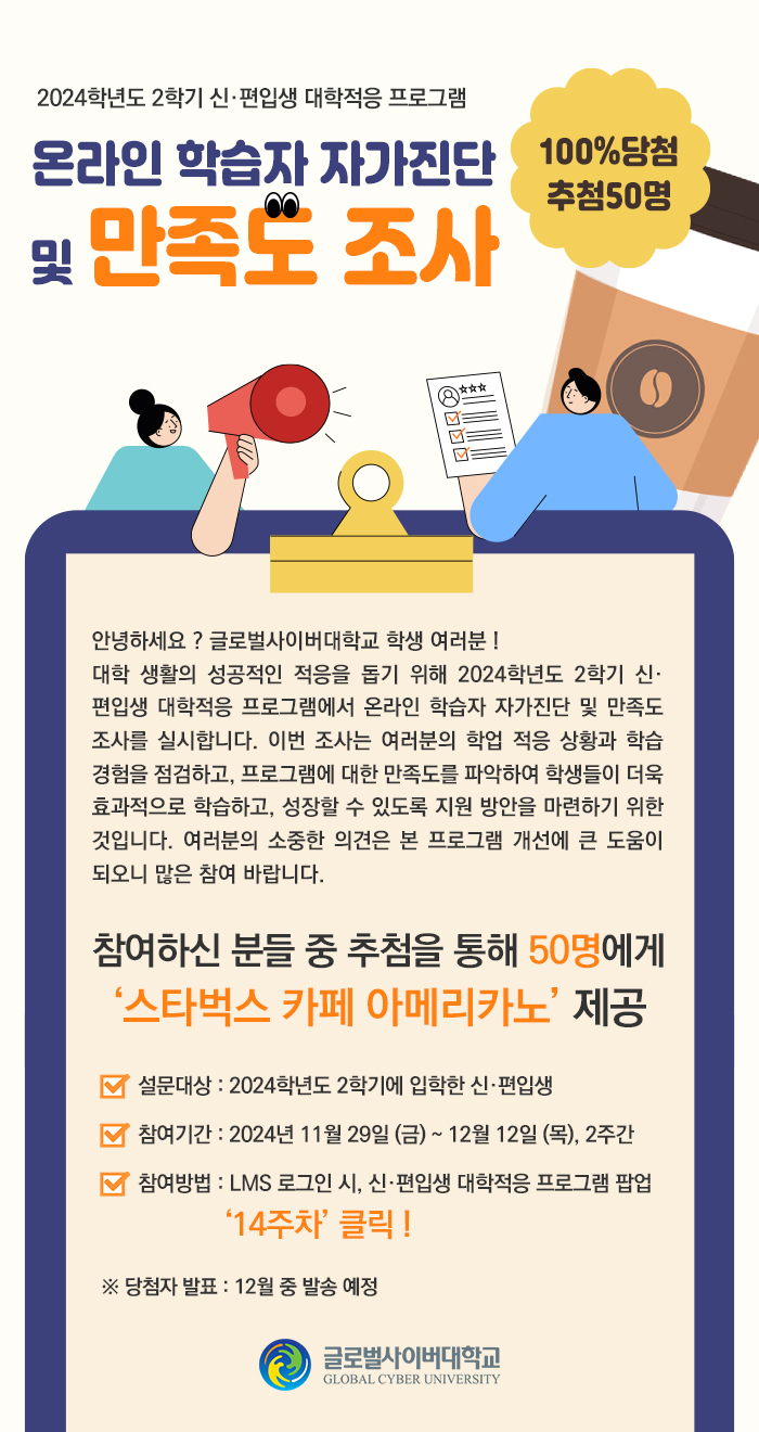 2024학년도 2학기 신·편입생 대학적응 프로그램온라인 학습자 자가진단 및 만족도 조사 실시 100%당첨 추첨50명안녕하세요, 글로벌사이버대학교 학생 여러분!대학 생활의 성공적인 적응을 돕기 위해 2024학년도 2학기 신·편입생 대학적응 프로그램에서 온라인 학습자 자가진단 및 만족도 조사를 실시합니다. 이번 조사는 여러분의 학업 적응 상황과 학습 경험을 점검하고, 프로그램에 대한 만족도를 파악하여 학생들이 더욱 효과적으로 학습하고, 성장할 수 있도록 지원 방안을 마련하기 위한 것입니다. 여러분의 소중한 의견은 본 프로그램 개선에 큰 도움이 되오니 많은 참여 바랍니다.참여하신 분들 중 추첨을 통해 50명에게‘스타벅스 카페 아메리카노’제공설문대상 : 2024학년도 2학기에 입학한 신·편입생참여기간 : 2024년 11월 29일(금) ~ 12월 12일(목), 2주간참여방법 : LMS 로그인 시, 신·편입생 대학적응 프로그램 팝업 ‘14주차’ 클릭 !※당첨자 발표 : 12월 중 발송 예정
