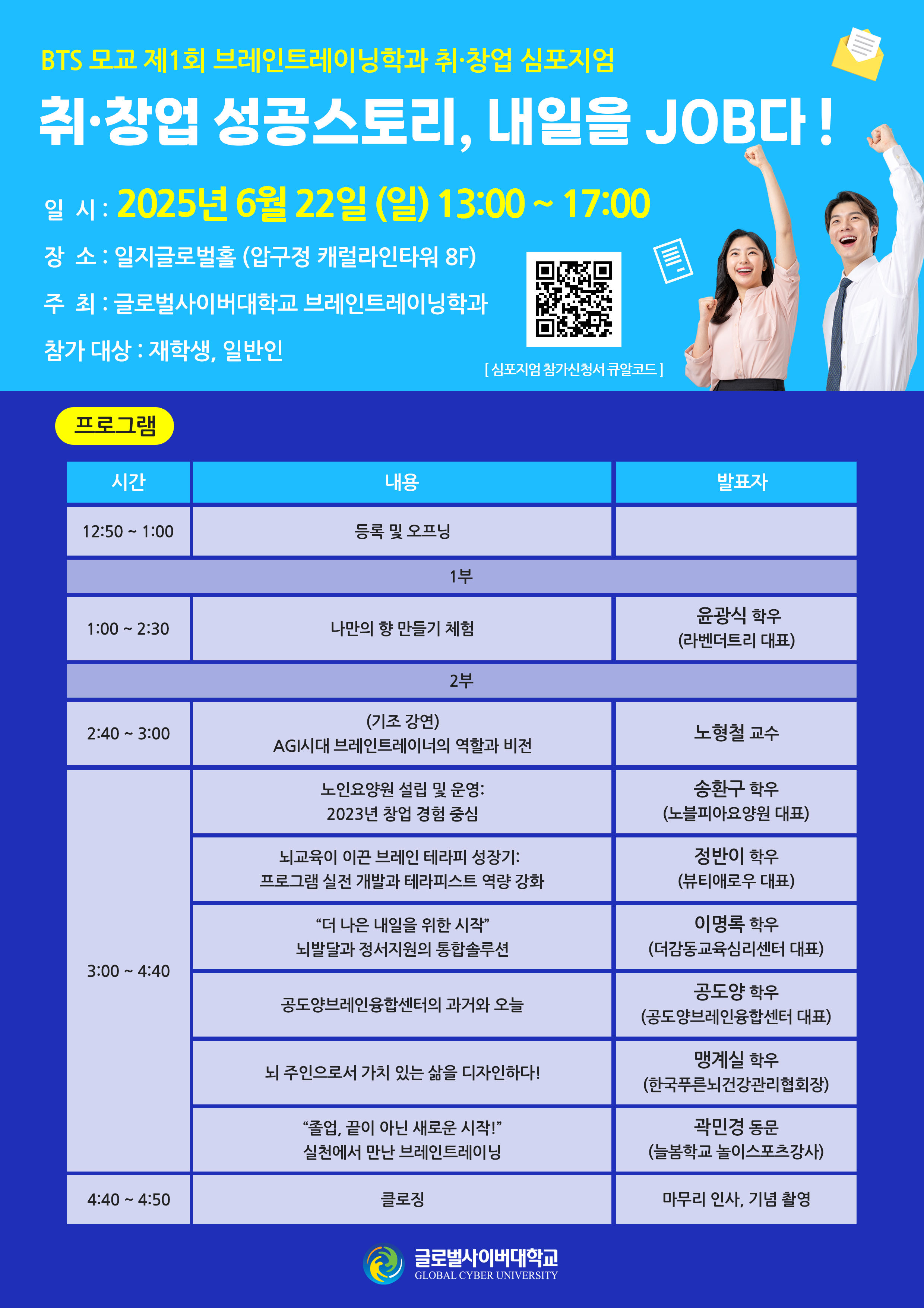 BTS 모교 제1회 브레인트레이닝학과 취·창업 심포지엄취·창업 성공스토리, 내일을 JOB다!일시: 2025년 6월 22일 (일) 13:00 ~ 17:00장소: 일지글로벌홀 (압구정 캐럴라인타워 8F)주최: 글로벌사이버대학교 브레인트레이닝학과참가 대상: 재학생, 일반인[심포지엄 참가신청서 큐알코드]프로그램 시간 내용 발표자12:50 ~ 1:00등록 및 오프닝1부1:00 ~ 2:30나만의 향 만들기 체험윤광식 학우(라벤더트리 대표)2부2:40 ~ 3:00(기조 강연)AGI시대 브레인트레이너의 역할과 비전노형철 교수3:00 ~ 4:40노인요양원 설립 및 운영:2023년 창업 경험 중심송환구 학우(노블피아요양원 대표)뇌교육이 이끈 브레인 테라피 성장기:프로그램 실전 개발과 테라피스트 역량 강화정반이 학우(뷰티애로우 대표)“더 나은 내일을 위한 시작”뇌발달과 정서지원의 통합솔루션이명록 학우(더감동교육심리센터 대표)공도양브레인융합센터의 과거와 오늘공도양 학우(공도양브레인융합센터 대표)뇌 주인으로서 가치 있는 삶을 디자인하다!맹계실 학우(한국푸른뇌건강관리협회장)“졸업, 끝이 아닌 새로운 시작!”실천에서 만난 브레인트레이닝곽민경 동문(늘봄학교 놀이스포츠강사)4:40 ~ 4:50클로징마무리 인사, 기념 촬영글로벌사이버대학교