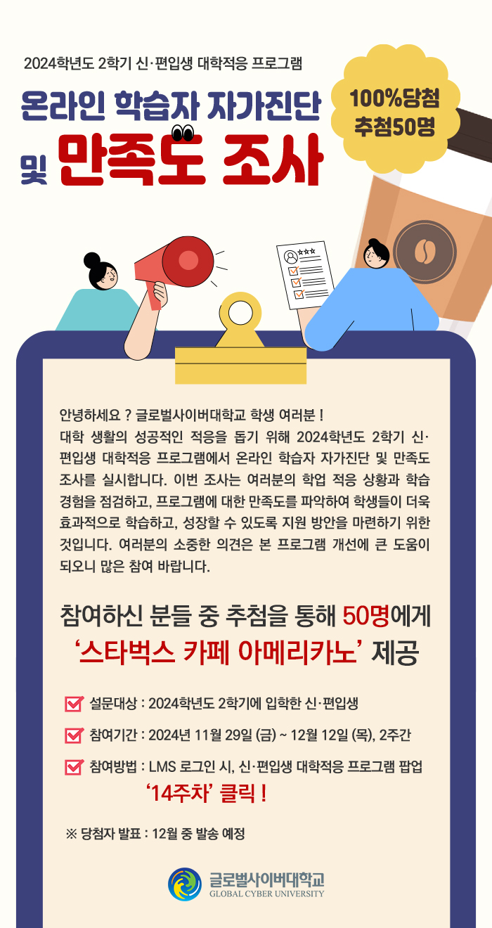 2024학년도 2학기 신·편입생 대학적응 프로그램온라인 학습자 자가진단 및 만족도 조사 실시 100%당첨 추첨50명안녕하세요, 글로벌사이버대학교 학생 여러분!대학 생활의 성공적인 적응을 돕기 위해 2024학년도 2학기 신·편입생 대학적응 프로그램에서 온라인 학습자 자가진단 및 만족도 조사를 실시합니다. 이번 조사는 여러분의 학업 적응 상황과 학습 경험을 점검하고, 프로그램에 대한 만족도를 파악하여 학생들이 더욱 효과적으로 학습하고, 성장할 수 있도록 지원 방안을 마련하기 위한 것입니다. 여러분의 소중한 의견은 본 프로그램 개선에 큰 도움이 되오니 많은 참여 바랍니다.참여하신 분들 중 추첨을 통해 50명에게‘스타벅스 카페 아메리카노’제공설문대상 : 2024학년도 2학기에 입학한 신·편입생참여기간 : 2024년 11월 29일(금) ~ 12월 12일(목), 2주간참여방법 : LMS 로그인 시, 신·편입생 대학적응 프로그램 팝업 ‘14주차’ 클릭 !※당첨자 발표 : 12월 중 발송 예정